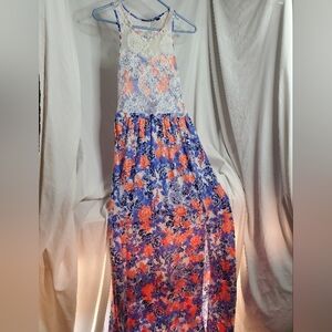 Floral Lace Maxi Dress Blue Orange Size S Small Ultra Flirt Summer Long Dress